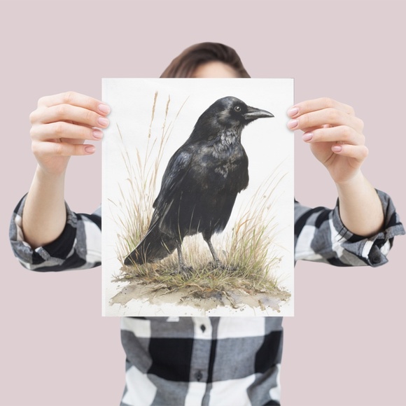 Watercolor Black Crow Wall Art Print Unframed - Black Bird Raven Illustration - Picture 4 of 6